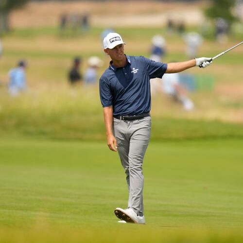 Sam Stevens plays on the eighth hole during the first round of the U.S. Open golf tournament at Shinnecock Hills Golf Club in Southampton, N.Y., Thursday, June 18, 2026.(AP Photo/Seth Wenig)