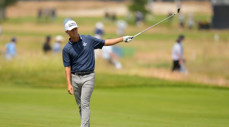 Sam Stevens plays on the eighth hole during the first round of the U.S. Open golf tournament at Shinnecock Hills Golf Club in Southampton, N.Y., Thursday, June 18, 2026.(AP Photo/Seth Wenig)