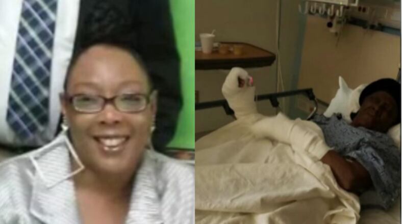 Sandy Mathis (left) is accused of assaulting her 94-year-old mother Willie Monroe (right) with a hammer.