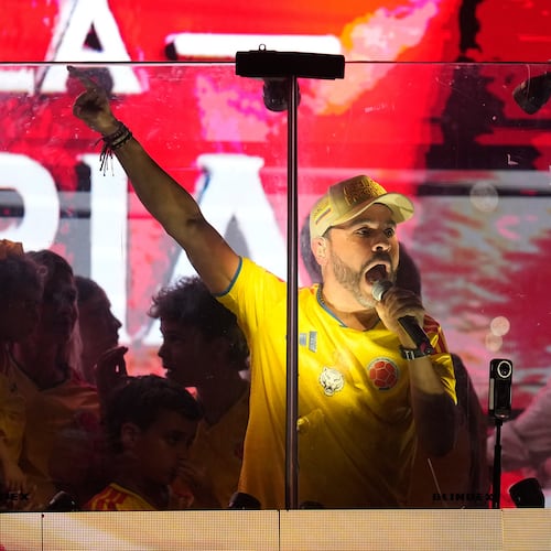 Presidential candidate Abelardo de la Espriella of the Defenders of the Motherland movement addresses supporters after leading the first round of the presidential election and advancing to a runoff in Barranquilla, Colombia, Sunday, May 31, 2026. (AP Photo/Fernando Vergara)