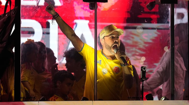 Presidential candidate Abelardo de la Espriella of the Defenders of the Motherland movement addresses supporters after leading the first round of the presidential election and advancing to a runoff in Barranquilla, Colombia, Sunday, May 31, 2026. (AP Photo/Fernando Vergara)