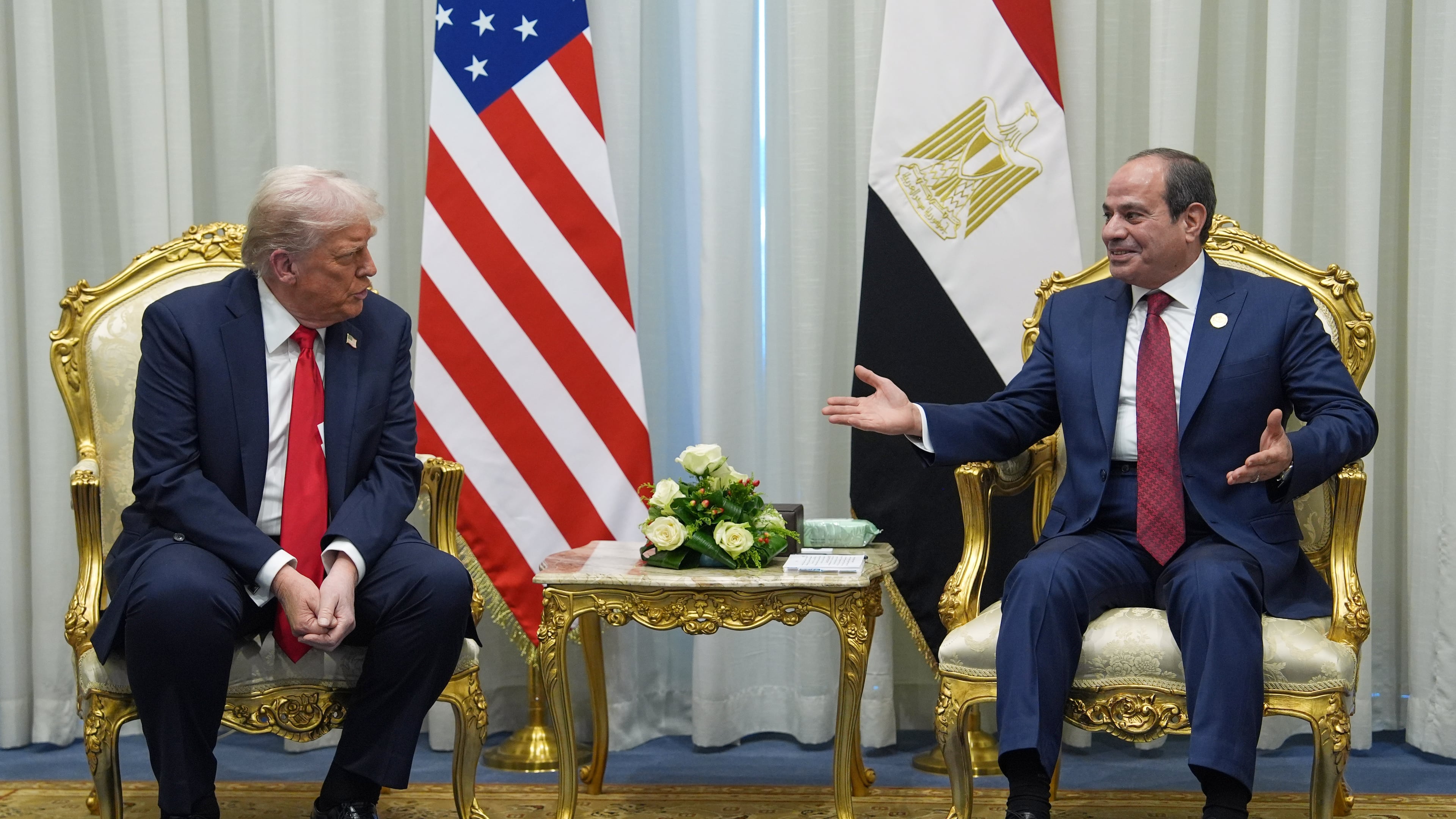 President Donald Trump meets with Egypt's President Abdel-Fattah el-Sissi during a summit to support ending the more than two-year Israel-Hamas war in Gaza after a breakthrough ceasefire deal, Monday, Oct. 13, 2025, in Sharm El Sheikh, Egypt. (AP Photo/Evan Vucci, Pool)