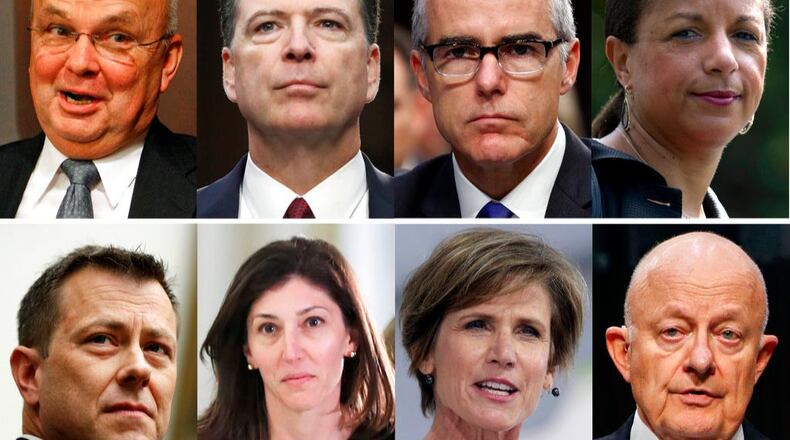 ADDS IDENTITY OF FORMER FBI LAWYER LISA PAGE - These file photos, top row from left are former CIA Director Michael Hayden, former FBI Director James Comey, former acting FBI director Andrew McCabe and former national security adviser Susan Rice. Bottom row from left are former FBI Deputy Assistant Director Peter Strzok, former FBI lawyer Lisa Page, former Deputy Attorney General Sally Yates and former National Intelligence Director James Clapper. President Donald Trump acted Aug. 15, 2018, on a threat and revoked the security clearance of former CIA Director John Brennan, citing a constitutional responsibility to protect classified information. Trump says he is reviewing security clearances for nine other individuals, including the eight pictured. DOJ employee Bruce Ohr is not pictured. (AP Photo/Files)