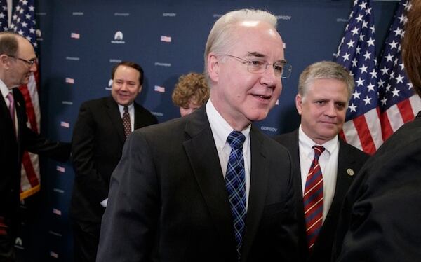 Health and Human Services Secretary Tom Price, a doctor and former congressman, center, joins the Republican Conference to push for unity on advancing the GOP's replacement health care bill.  (AP Photo/J. Scott Applewhite)