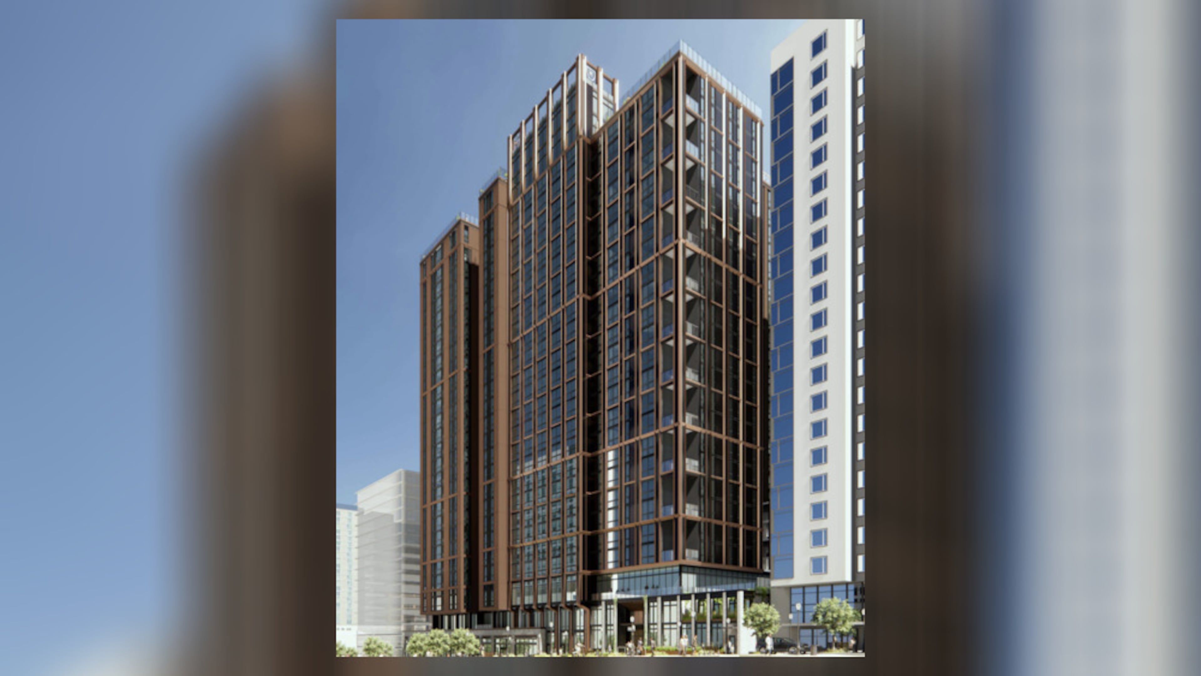 This is a rendering of a proposed student-focused residential tower slated for the Cheetah Lounge site in Midtown. (Courtesy of Core Spaces)