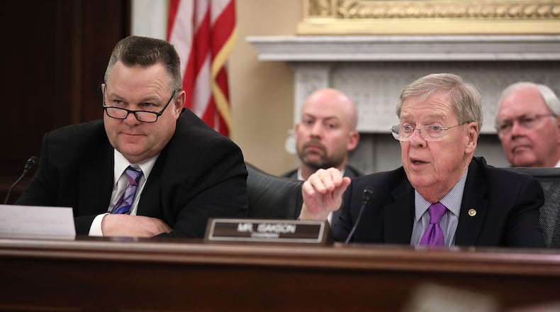 Senate VA Committee ranking member Sen. Jon Tester (D-Mont.) (left) and Chairman Johnny Isakson (R-Ga.) question VA Secretary David Shulkin during a hearing in June.  (Photo by Chip Somodevilla/Getty Images)