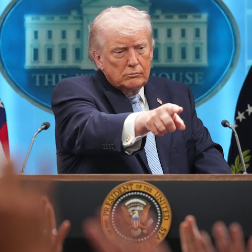 President Donald Trump speaks with reporters during a news conference in the James Brady Press Briefing Room at the White House, Monday, April 6, 2026, in Washington. (AP Photo/Mark Schiefelbein)