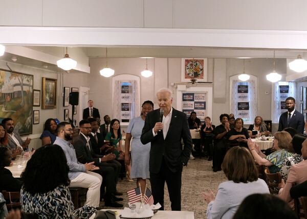 President Joe Biden meets with supporters at Mary Mac's Tea Room during a campaign event in Atlanta in May.