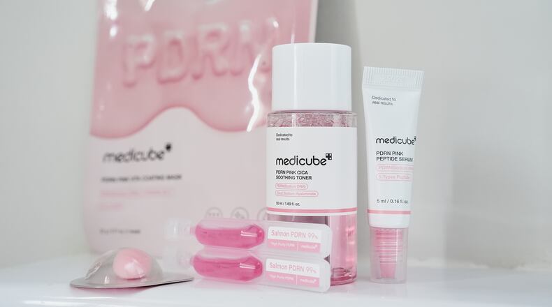 Skincare products made from salmon DNA are displayed Friday, March 6, 2026, in Cincinnati. (AP Photo/Joshua A. Bickel)