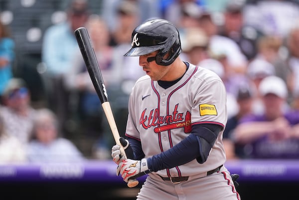 Braves third baseman Austin Riley reacts to striking out against the Rockies on Wednesday.