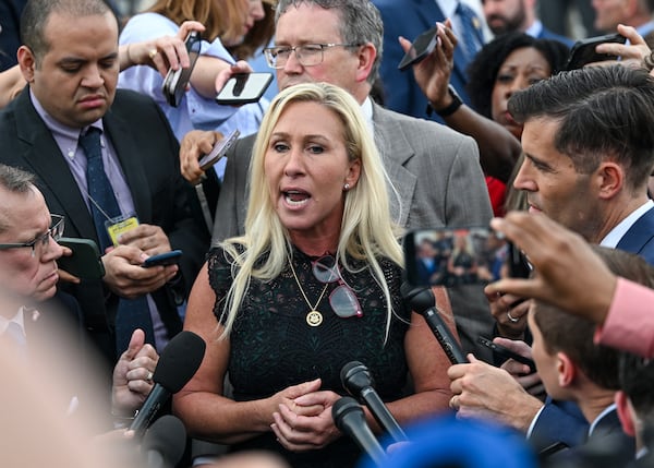 U.S. Rep. Marjorie Taylor Greene spoke to reporters in Washington after attempting to oust House Speaker Mike Johnson in 2024. (Kenny Holston/New York Times)