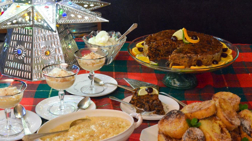 Christmas desserts found on Atlanta's tables may include (clockwise from top) Caribbean black cake, rabanadas from Brazil and arroz con leche from Latin America. (Virginia Willis for The Atlanta Journal-Constitution)