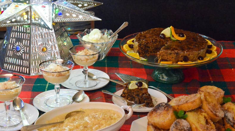 Christmas desserts found on Atlanta's tables may include (clockwise from top) Caribbean black cake, rabanadas from Brazil and arroz con leche from Latin America. (Virginia Willis for The Atlanta Journal-Constitution)