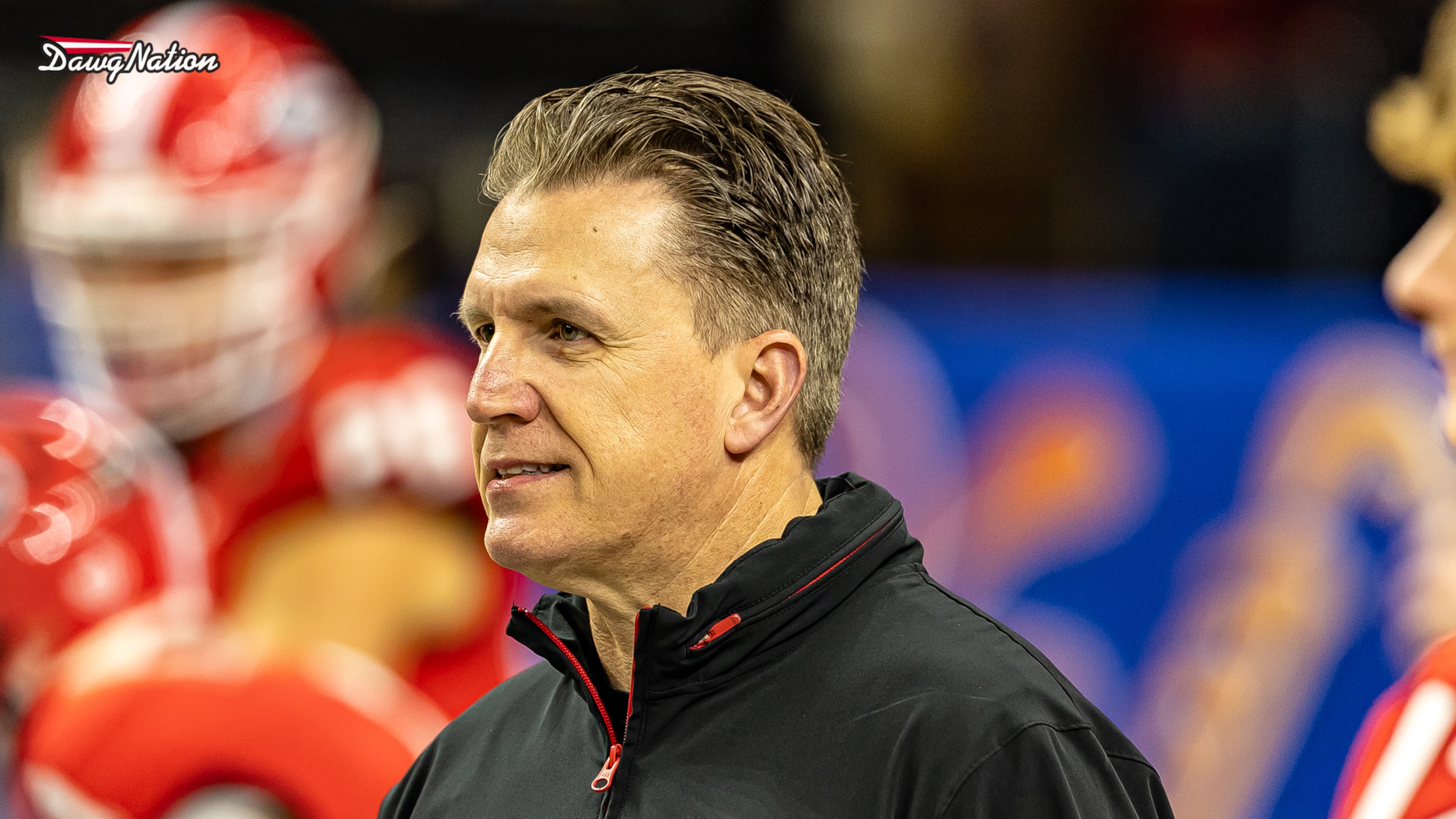 Georgia receivers coach James Coley was all smiles prior to the Notre Dame game after getting the chance to share a quick word with several of his WR signees in the 2025 class who were with the team for the game. (Jeff Sentell/DawgNation)