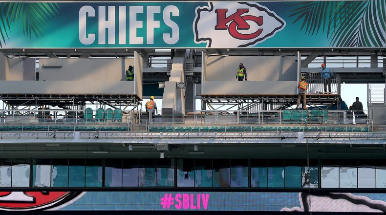 Workers prepare Hard Rock Stadium Stadium in Miami Gardens, Fla., on Tuesday, Jan. 21, 2020, in anticipation of Super Bowl LIV, featuring the Kansas City Chiefs against the San Francisco 49ers on February 2, 2020. (Mike Stocker/Sun Sentinel/TNS)