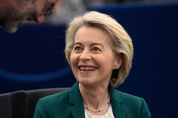 European Commission president Ursula von der Leyen smiles before delivering a speech on the preparation for the EU–China Summit, Tuesday, July 8, 2025 at the European Parliament in Strasbourg, eastern France. (AP Photo/Pascal Bastien)