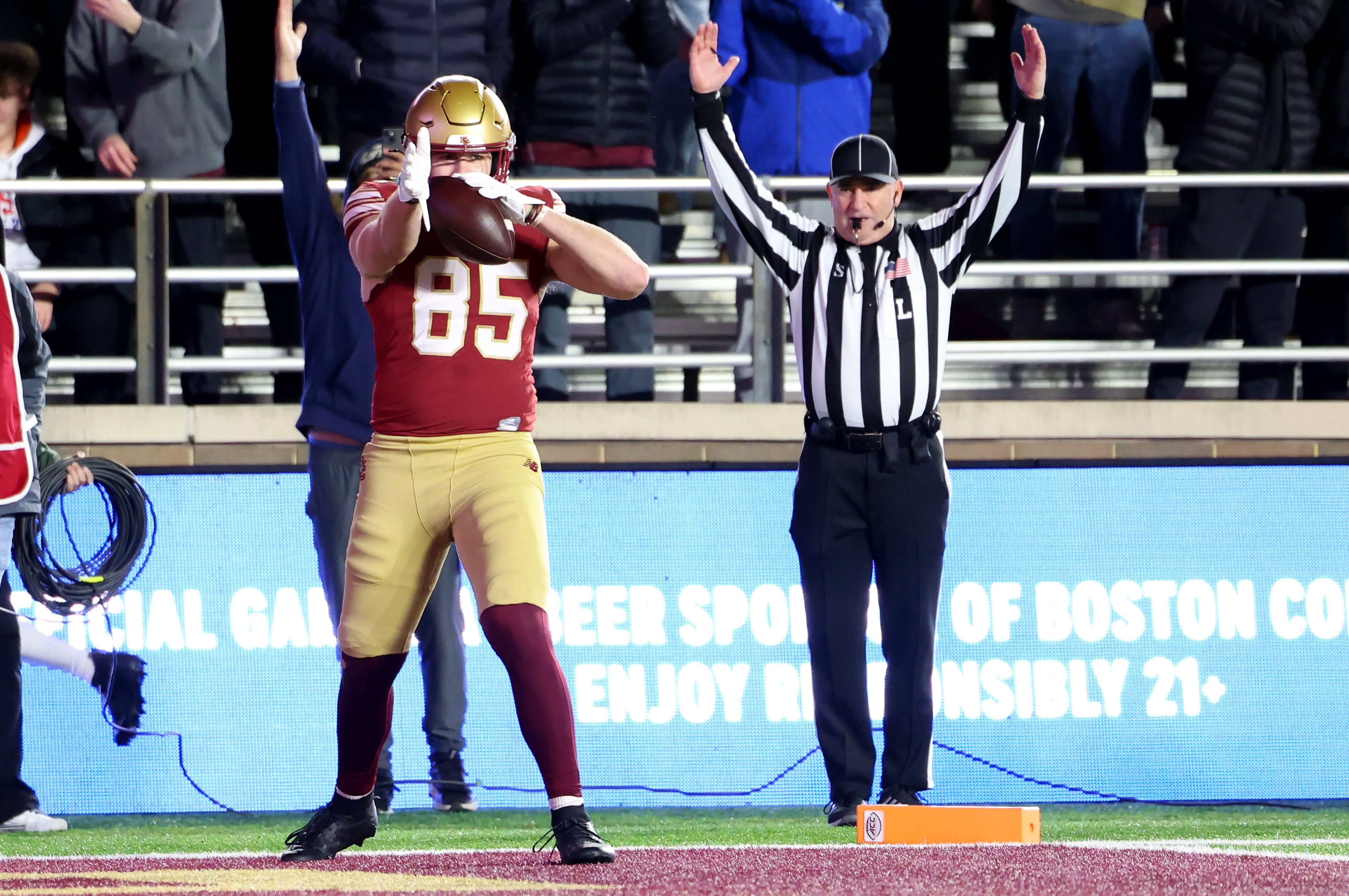 Boston College tight end Kaelan Chudzinski (85) celebrates after his touchdown during the first half of an NCAA college football game against Georgia Tech, Saturday, Nov. 15, 2025, in Boston. (AP Photo/Mark Stockwell)