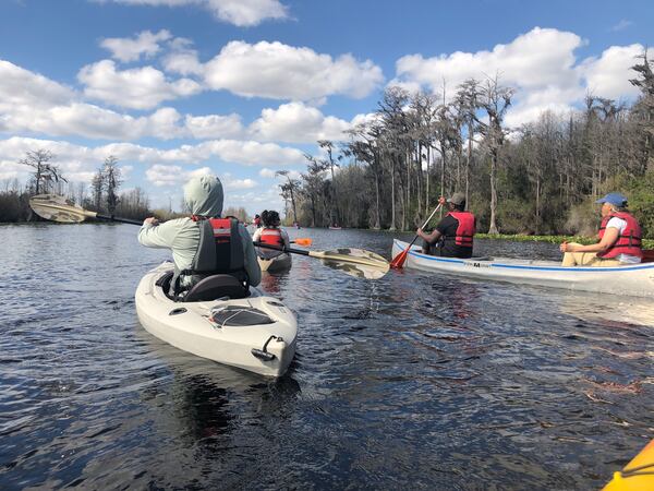 A group from The New School in Atlanta paddles the Okefenokee Swamp during a field trip. (Susan Heisey, US Fish and Wildlife Service/Courtesy of The New School)