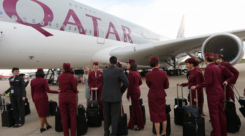 Qatar Airways flight attendants prepare to board an A380 for the inaugural flight from Atlanta to Doha in 2016. Ben Gray / bgray@ajc.com