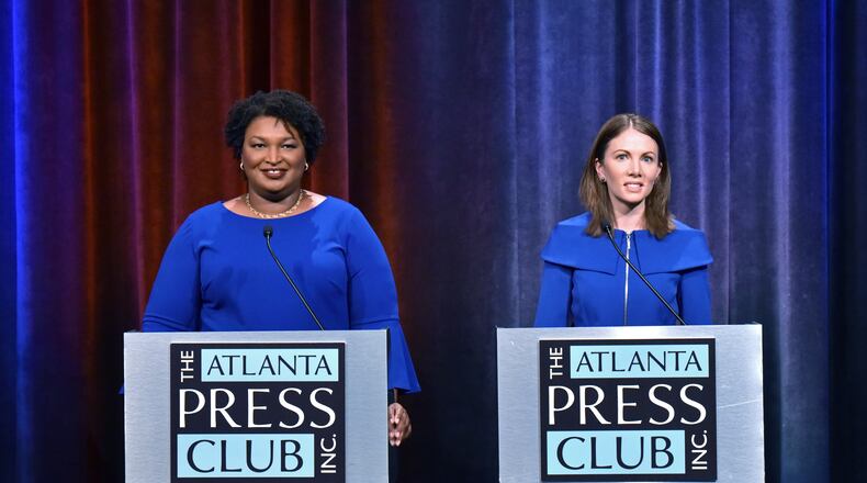 Democrats Stacey Abrams (left) and Stacey Evans at Tuesday night’s Democratic gubernatorial debate at Georgia Public Broadcasting. The event was sponsored by the Atlanta Press Club. HYOSUB SHIN / HSHIN@AJC.COM