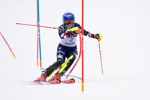 United States' Mikaela Shiffrin skis during a women's slalom run at the World Cup Finals, Thursday, March 27, 2025, in Sun Valley, Idaho. (AP Photo/Robert F. Bukaty)