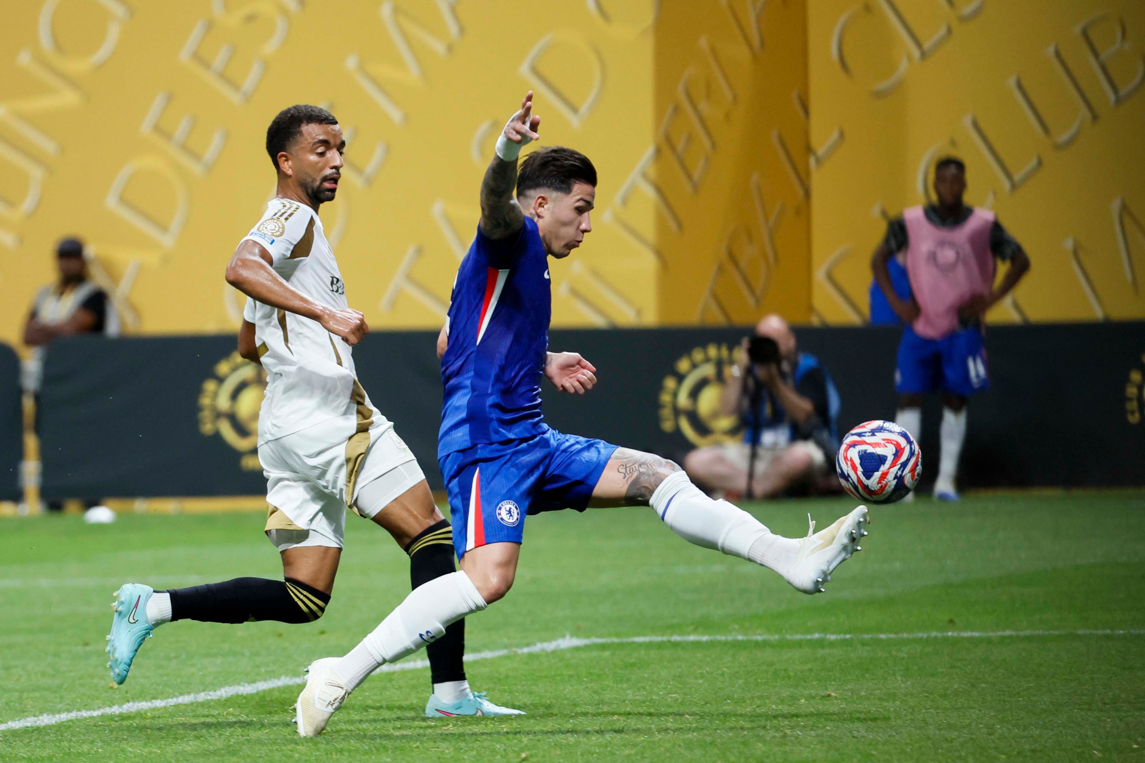 Chelsea midfielder Enzo Fernández (8) connects with the ball to score his team’s second goal during the Club World Cup Group D soccer match between Chelsea and Los Angeles FC at Mercedes-Benz Stadium on Monday, June 16, 2025.
(Miguel Martinez/ AJC)