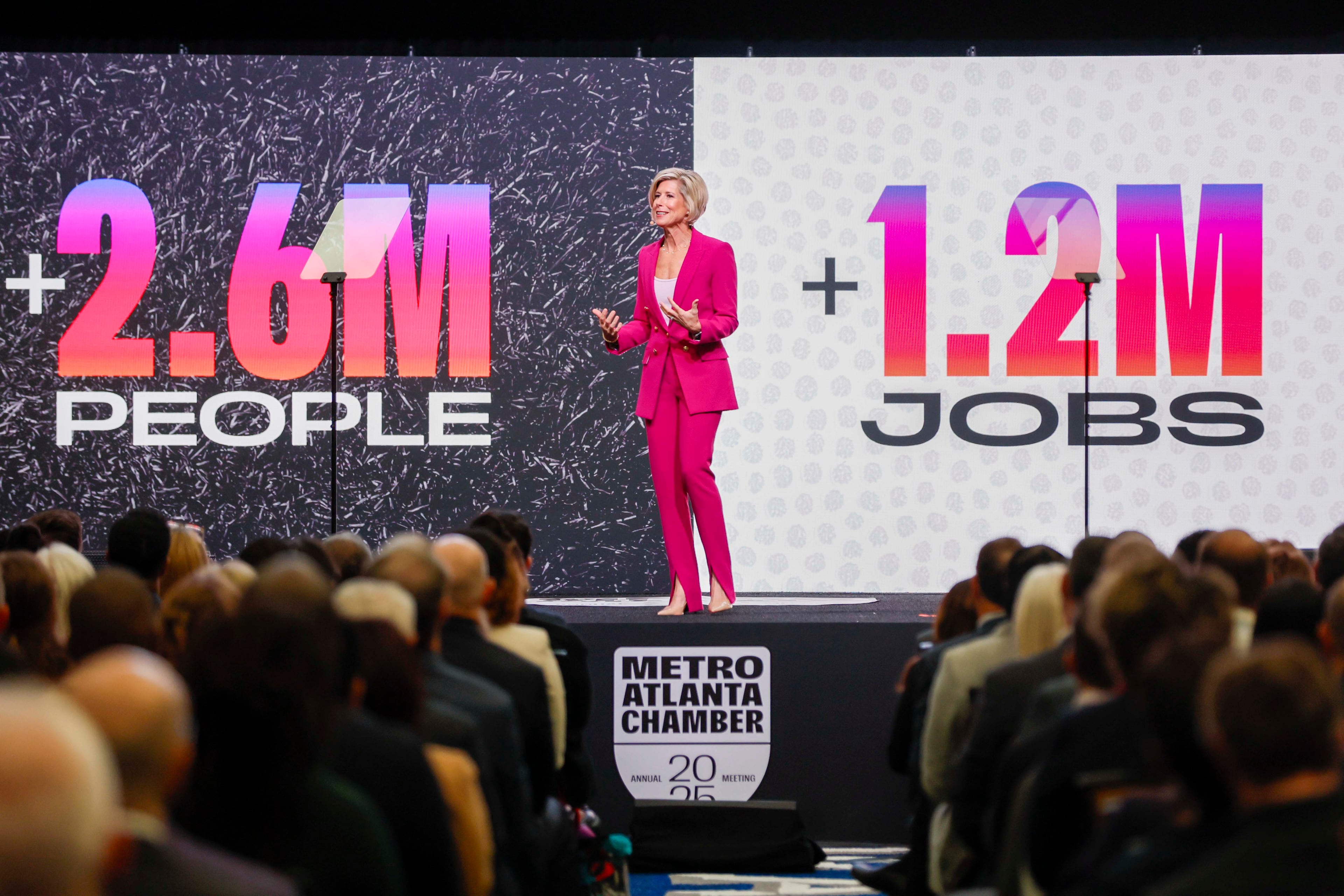 President and CEO Katie Kirkpatrick deliver her remarks during the Metro Atlanta Chamber’s annual meeting at the College Football Hall of Fame on Thursday, Nov. 13, 2025, in Atlanta. The meeting highlighted the upcoming FIFA 2026 World Cup and emphasized the importance of the sports industry.
(Miguel Martinez/AJC)