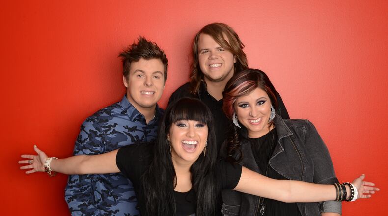 AMERICAN IDOL XIII: The Final 4: L-R: Alex Preston, Jena Irene, Caleb Johnson and Jessica Meuse. CR: Michael Becker / FOX. Copyright 2014 / FOX Broadcasting. AMERICAN IDOL XIII: The Final 4: L-R: Alex Preston, Jena Irene, Caleb Johnson and Jessica Meuse. CR: Michael Becker / FOX. Copyright 2014 / FOX Broadcasting.