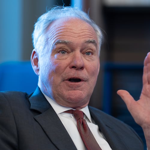 Sen. Tim Kaine, D-Va., speaks with reporters about President Donald Trump's foreign policy intentions, with Venezuela in particular, at the Capitol in Washington, Thursday, Nov. 6, 2025. (AP Photo/J. Scott Applewhite)