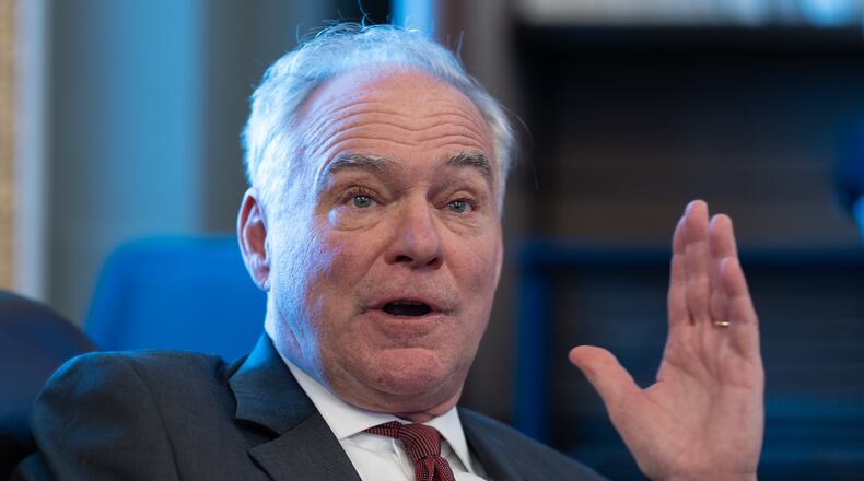 Sen. Tim Kaine, D-Va., speaks with reporters about President Donald Trump's foreign policy intentions, with Venezuela in particular, at the Capitol in Washington, Thursday, Nov. 6, 2025. (AP Photo/J. Scott Applewhite)