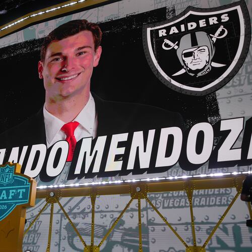 Indiana quarterback Fernando Mendoza is shown on a screen after being chosen by the Las Vegas Raiders with the first overall pick during the first round of the NFL football draft, Thursday, April 23, 2026, in Pittsburgh. (AP Photo/Gene J. Puskar)