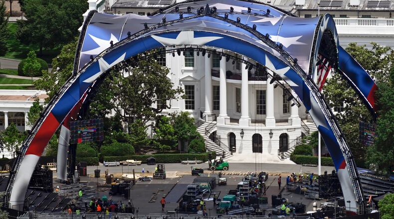 Construction continues on the arena on the South Lawn of the White House for a future UFC mixed martial arts fight, Saturday, June 6, 2026, in Washington. (AP Photo/John McDonnell)