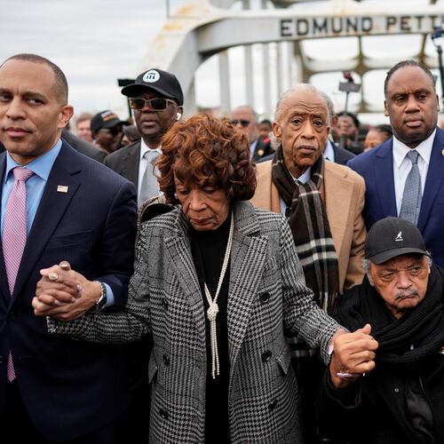 (From left) U.S. Rep. Hakeem Jeffries, D-NY, U.S. Rep. Maxine Waters, D-Calif., Rev. Al Sharpton, Rev. Jesse Jackson and NAACP President Derrick Johnson march across the Edmund Pettus bridge during the 60th anniversary of the march to ensure that African Americans could exercise their constitutional right to vote, March 9, 2025, in Selma, Ala. (Mike Stewart/AP)