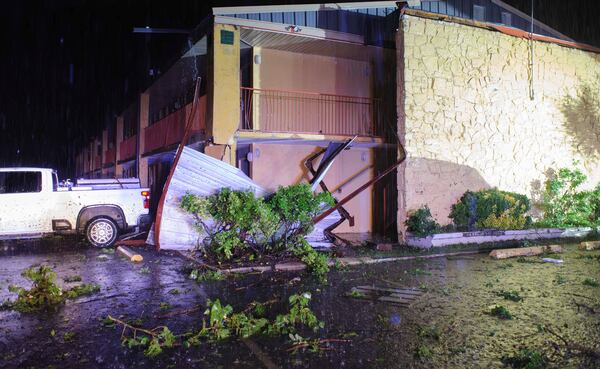 Debris covers the ground after severe storms passed the area in Ada, Okla., on Saturday, April 19, 2025. (Richard R. Barron/The Ada News via AP)