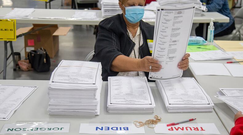 Dekalb election workers sort presidential ballots in Stonecrest Saturday, November 14, 2020. (Steve Schaefer/Atlanta Journal-Constitution/TNS)