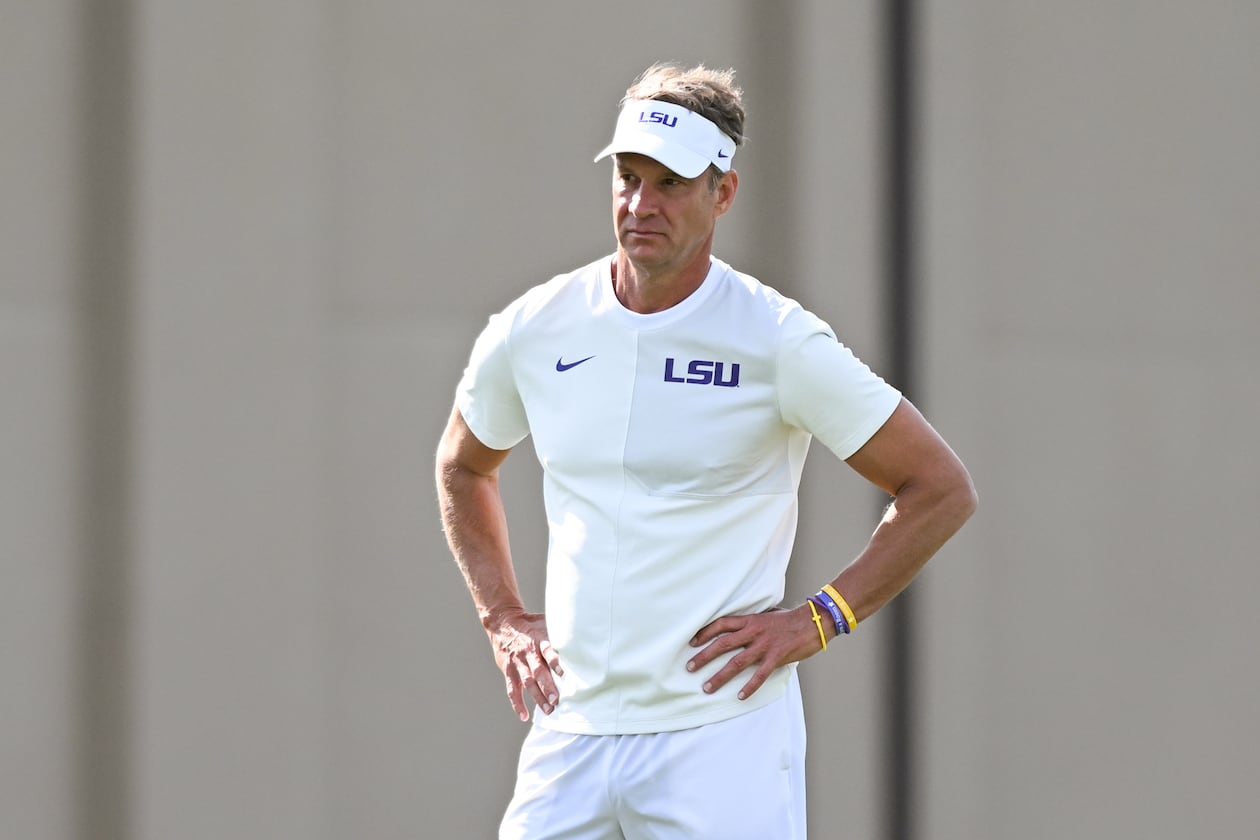 "(I)t made zero sense to me to go add another hard game, put teams on the road five times in this conference," LSU head coach Lane Kiffin said of the nine-game conference schedules. (Javier Gallegos/The Advocate via AP)