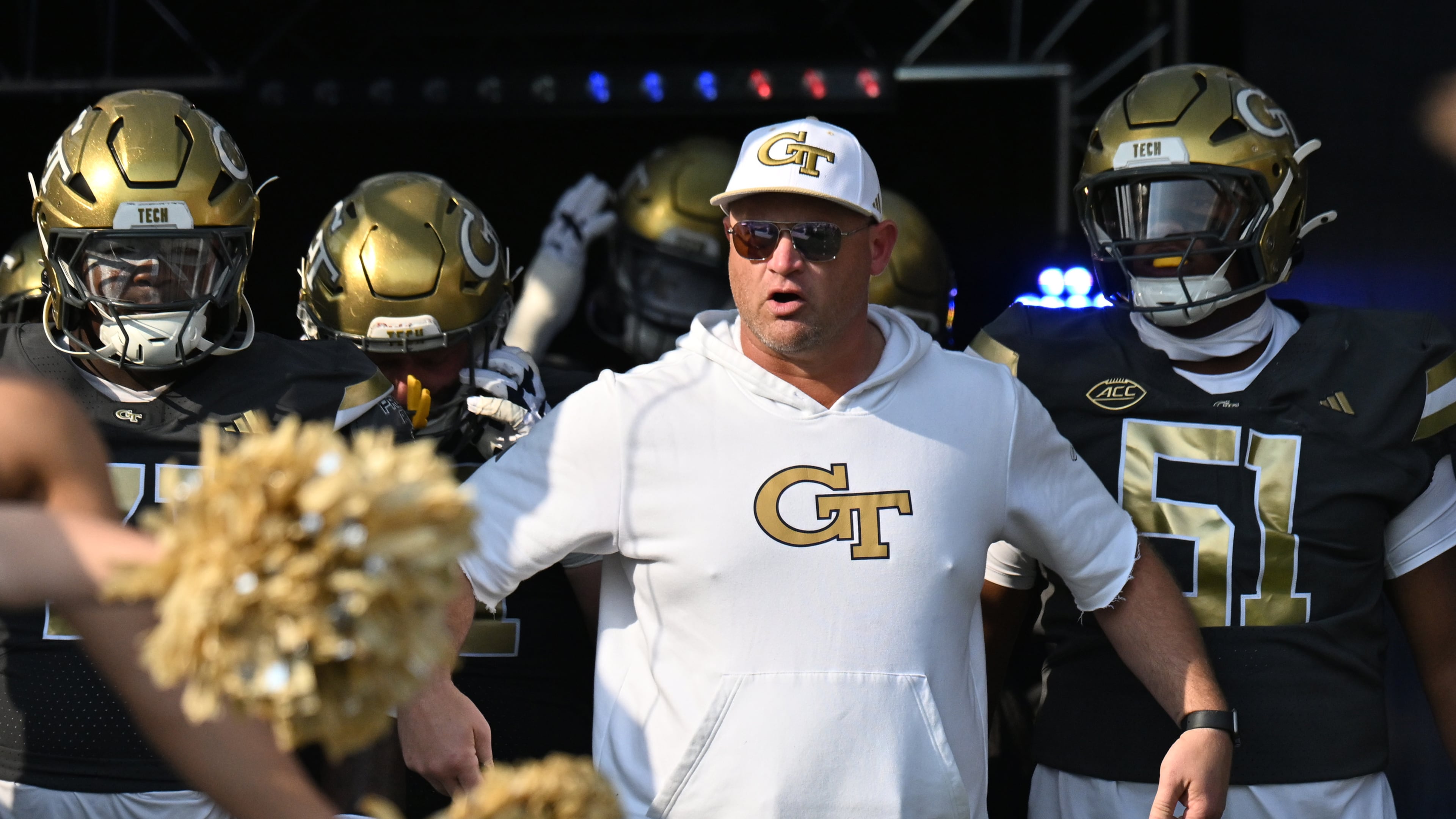 Georgia Tech coach Brent Key — pictured before taking the field with the team against Temple on Saturday, Sept. 20, 2025 — has the Yellow Jackets looking to go 5-0 for the first time since 2014 and 2-0 in the ACC for the first time since 2017. (Hyosub Shin/AJC)