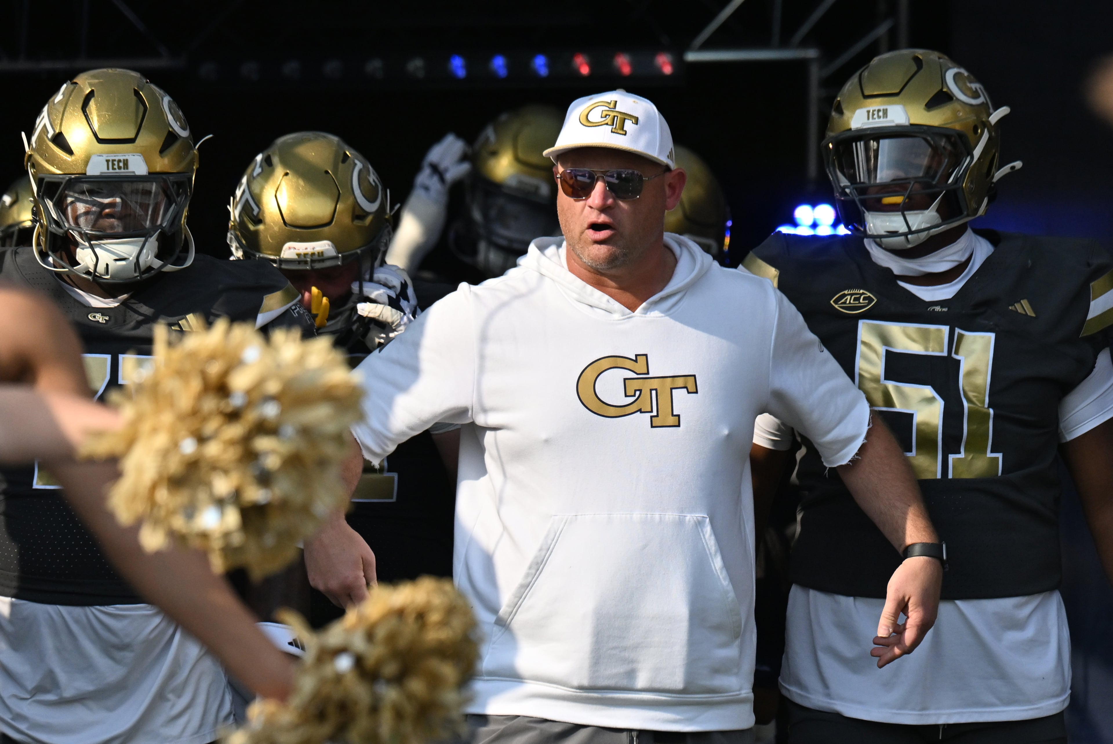 Georgia Tech head coach Brent Key and players enter before an NCAA college football game between Georgia Tech and Temple at Georgia Tech's Bobby Dodd Stadium, Saturday, Sept. 20, 2025 in Atlanta. (Hyosub Shin/AJC)