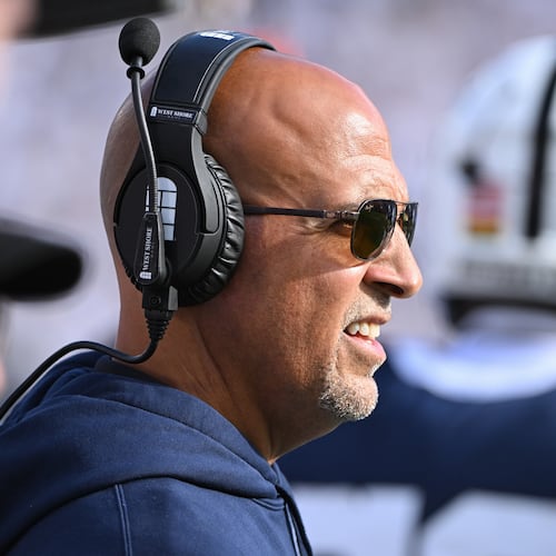 FILE - Penn State head coach James Franklin watches the action against Northwestern during the second quarter of an NCAA college football game, Saturday, Oct. 11, 2025, in State College, Pa. (AP Photo/Barry Reeger,File)