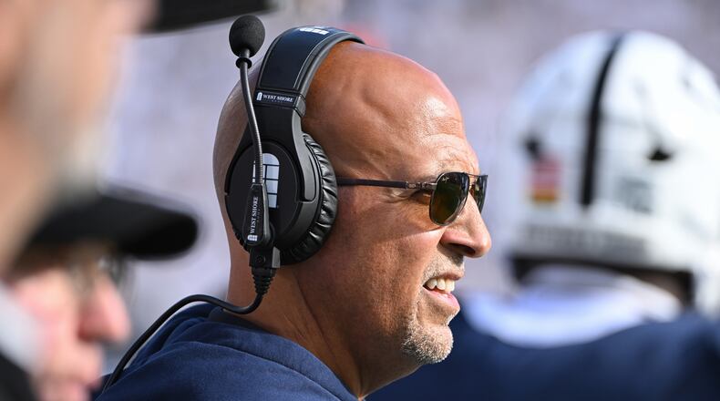 FILE - Penn State head coach James Franklin watches the action against Northwestern during the second quarter of an NCAA college football game, Saturday, Oct. 11, 2025, in State College, Pa. (AP Photo/Barry Reeger,File)