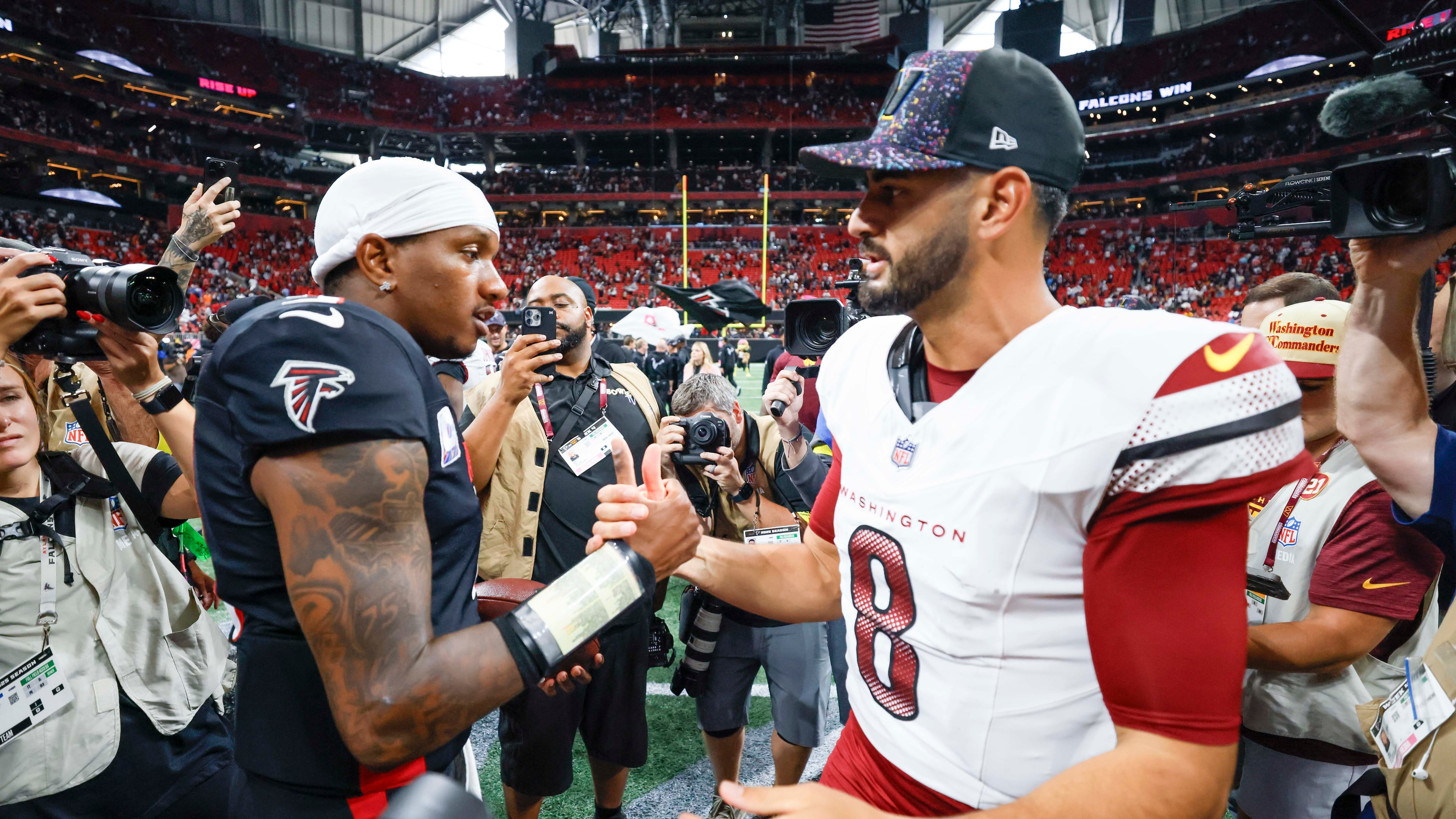 Atlanta Falcons' quarterback Michael Penix Jr. met with the media after his career-high 313 passing yards against the Commanders in a bounce-back performance. (Miguel Martinez/AJC)