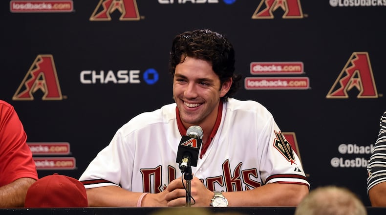 Dansby Swanson of the Arizona Diamondbacks, the first overall pick in the 2015 Major League Baseball draft, talks to the media prior to a game against the Miami Marlins at Chase Field on July 20, 2015 in Phoenix, Arizona. (Photo by Norm Hall/Getty Images)