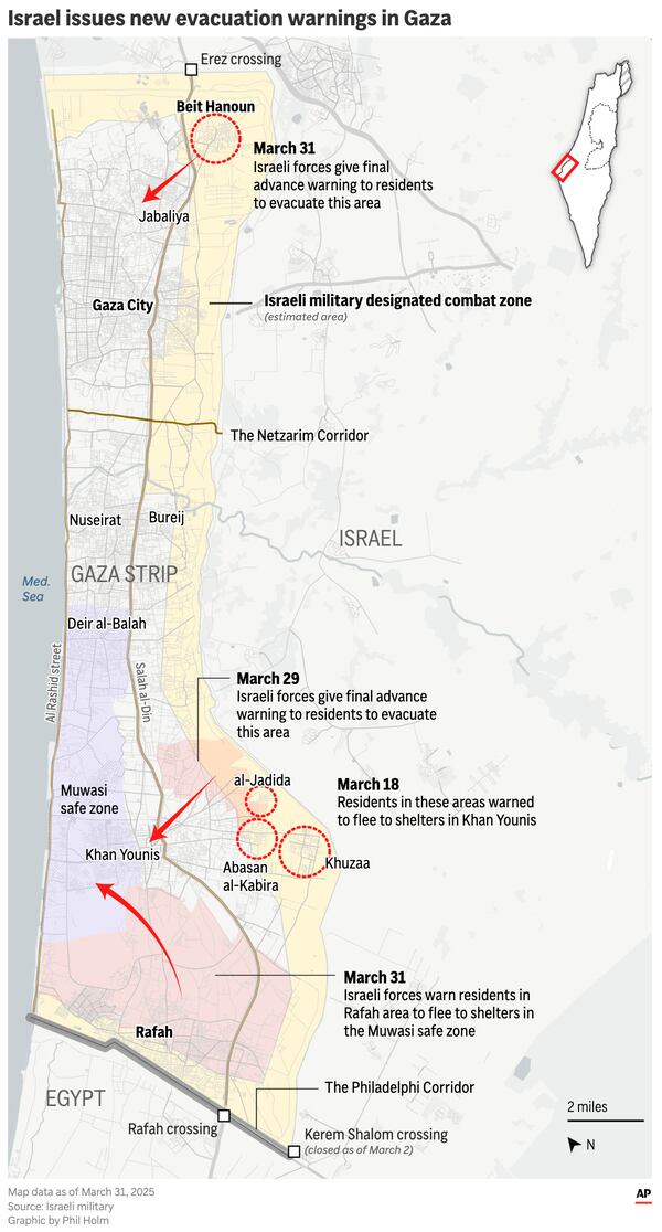The map above shows the designated combat zone in Gaza and the latest evacuation orders in Rafah and for neighborhoods within the combat zone. (AP Graphic)