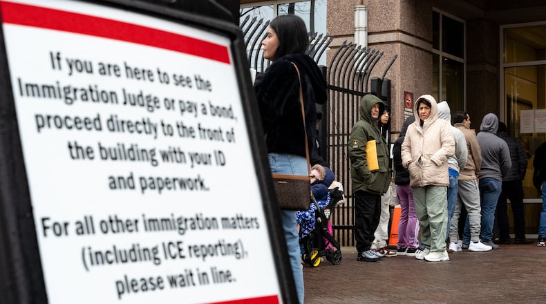People line up outside of the Immigration and Customs Enforcement Atlanta field office on Monday, January 27, 2025 (Ben Hendren for the Atlanta Journal-Constitution)