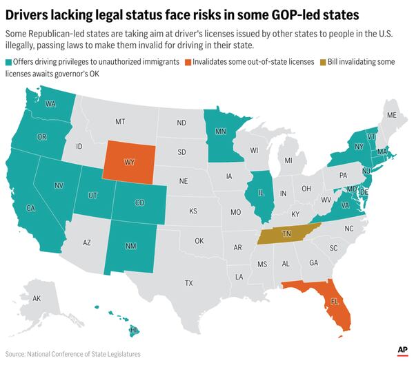 States granting driver's licenses to undocumented immigrant applicants and those that seek to invalidate some licenses for out-of-state drivers. (AP Digital Embed)