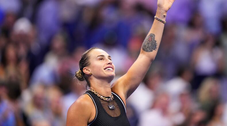 Aryna Sabalenka, of Belarus, celebrates winning a match against Jessica Pegula, of the United States, during the women's singles semifinals of the U.S. Open tennis championships, Thursday, Sept. 10, 2026, in New York. (AP Photo/Yuki Iwamura)