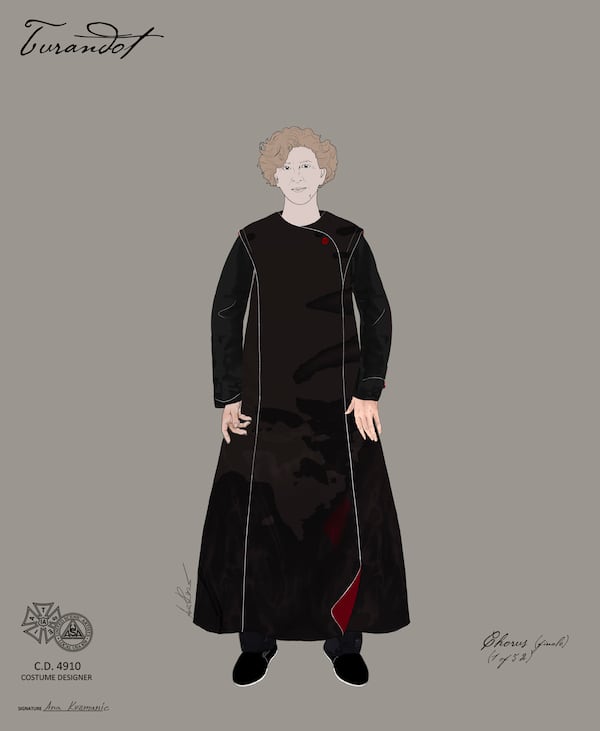 A rendering shows the chorus’ costumes for the Atlanta Opera’s performance of “Turandot,” by costume designer Ana Kuzmanić. The costume is meant to reflect the pawns in a game of chess. (Courtesy of Ana Kuzmanić)