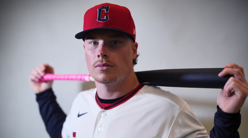 FILE - This is a 2026 photo of Travis Bazzana of the Cleveland Guardians MLB baseball team taken Wednesday, Feb. 18, 2026, in Goodyear, Ariz. (AP Photo/Chris Carlson,File)