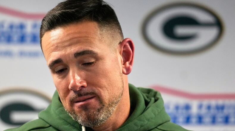 Green Bay Packers head coach Matt LaFleur talks after an NFL wild-card playoff football game against the Chicago Bears Saturday, Jan. 10, 2026, in Chicago. (AP Photo/Erin Hooley)