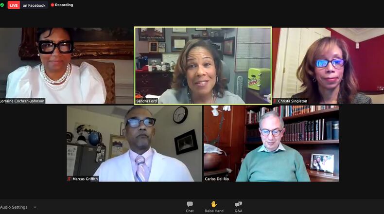 DeKalb County Commissioner Lorraine Cochran-Johnson (top left) hosted four medical experts for a town hall Thursday evening.